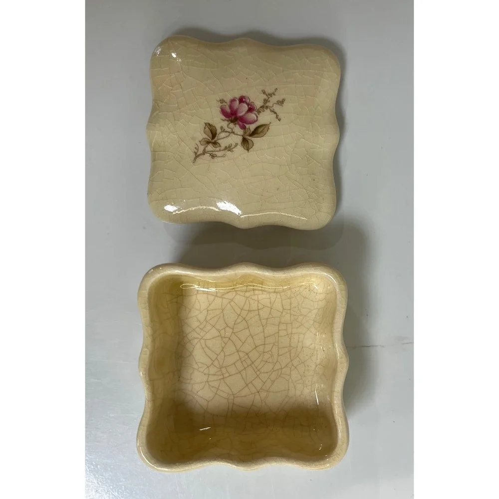 Terragrafics Ceramic‎ Trinket Box Floral Pink Rose Dresser Jewelry Holder Vtg